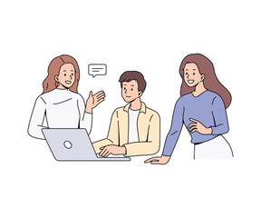 Team collaboration and online meeting. Group of professionals discussing project on a laptop.. Working together Illustration. Vector flat design.