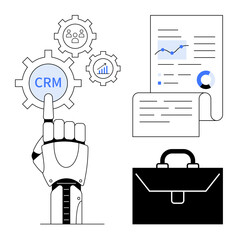 Business solutions, automation, CRM systems, data analytics, artificial intelligence, robotics. Robotic hand interacts with CRM settings, data charts and tools. CRM systems and business solutions