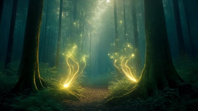 Mystical Forest Path Illuminated by Glowing Ethereal Tendrils and Ancient Tree Spirits