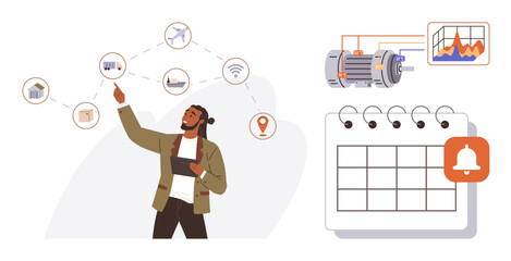 Man interacting with IoT connected devices and analytics, motor monitoring system, and calendar with alert. Ideal for technology, industry, automation, scheduling, remote access, IoT maintenance
