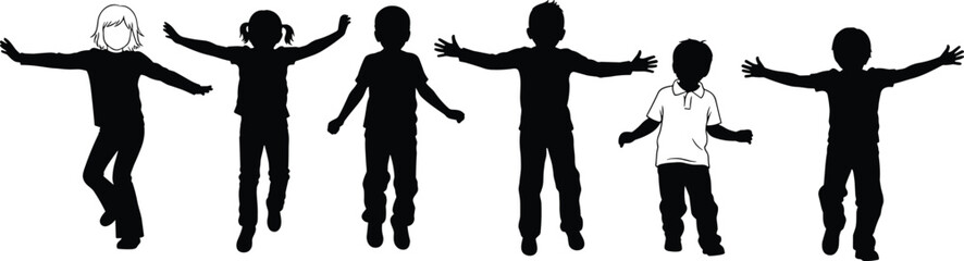 Children silhouette in playful pose, expressive group illustration, individuality and diversity concept, black and white contrast, flat vector design for stock