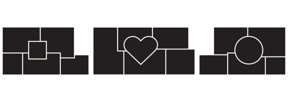 Geometric rectangle and love collage for photo wall mood board template. Template of moodboard. Set of collage for photos or images. Collage love heart twenty one frames photos parts.