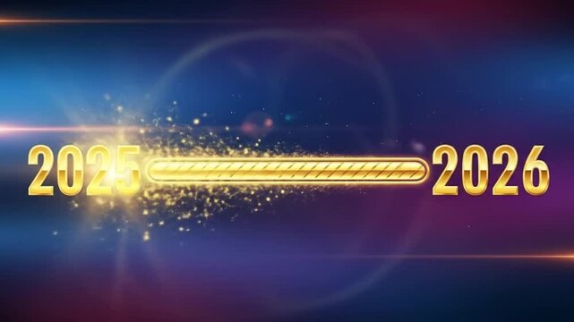 Golden loading bar animation bridging 2025 to 2026 with glittering progress symbolizing the new year 2026. 4k video