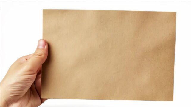 A person's hand is holding a brown envelope that has white lines on it. The background is blurred and indistinct.