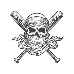 Skull Emblem with Crossed Baseball Bats and Bandana Design Illustration