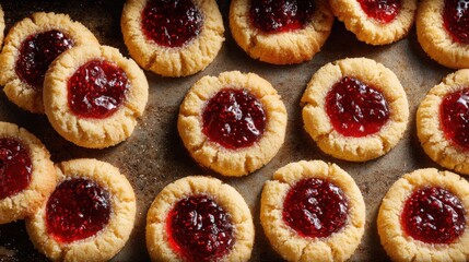Holiday Raspberry Thumbprint Cookies on Baking Tray with Sugar Crust &mdash; Christmas Dessert Food Photography