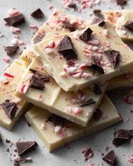 White Chocolate Peppermint Bark with Dark Chocolate Chunks &mdash; Festive Christmas Candy Food Photography