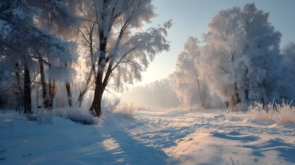 冬の森を進む雪道の風景