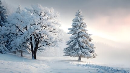 Obraz premium 朝霧に包まれた雪の森の冬景色2