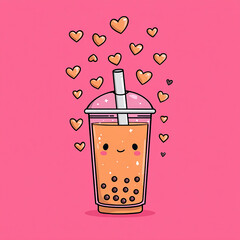 Cute Happy Boba Tea Cup with Floating Hearts on Pink Background made with generative AI