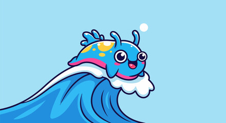 Adorable blue sea slug surfing on a wave with a happy expression.