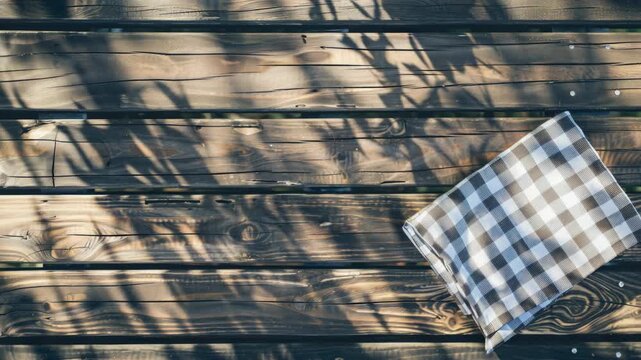 A checkered cloth is laying on a wooden table. The cloth is on the table in front of a shadow