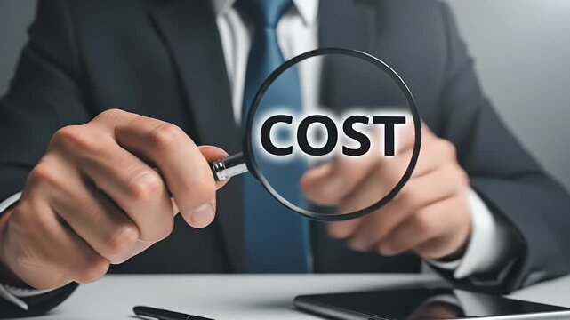 Magnifying Glass Focuses on Word Cost held by Person in Suit with Blue Tie with Soft Studio Lighting and White Desk