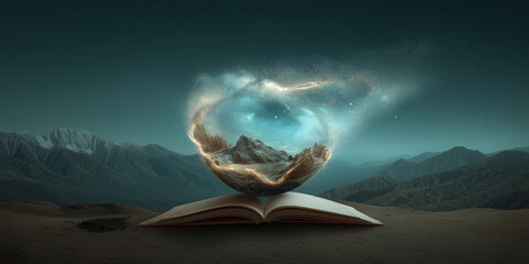 Floating island and swirling stars emerge from an open book, representing new worlds born from imagination and literature.