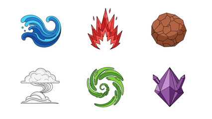 Collection of six abstract elemental icons representing water fire earth air and crystal energy