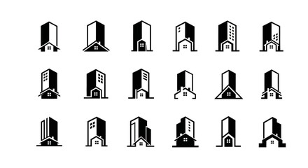 Collection of stylized black and white minimalist building and house icons for urban design and
