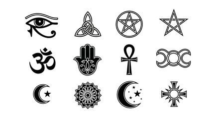 Collection of spiritual and mystical symbols including eye of Horus, pentacle, Om, and crescent