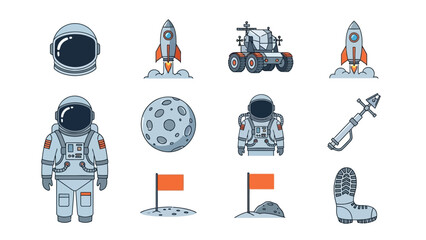 Collection of Space Exploration Icons Featuring Astronauts Rockets and Celestial Elements for