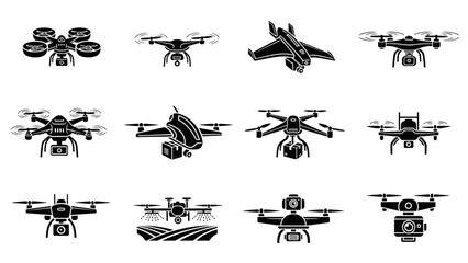Collection of various drone and UAV icons illustrating different types and functionalities in