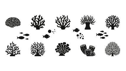 Collection of Various Coral and Marine Life Silhouette Icons Illustrating Underwater Ecosystems