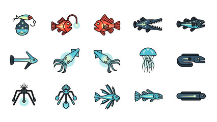 Collection of Various Freshwater and Marine Fish and Marine Creatures Illustration