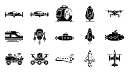 Collection of various futuristic and robotic vehicles and gadgets in black and white style for