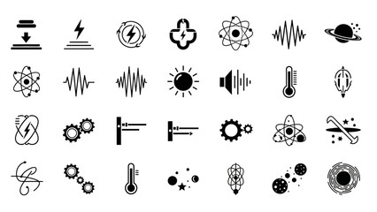 Collection of various scientific and technological icons representing energy, physics, and atomic