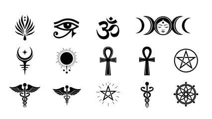 Collection of Various Spiritual and Religious Symbols Including Crescent Moon and Caduceus Designs