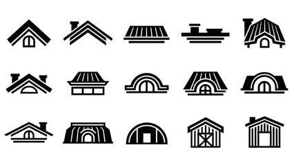Collection of various stylized black and white house roof and structures icons for design projects