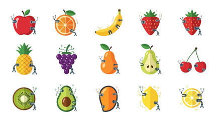 Colorful animated fruit and vegetable characters with mechanical limbs and playful expressions