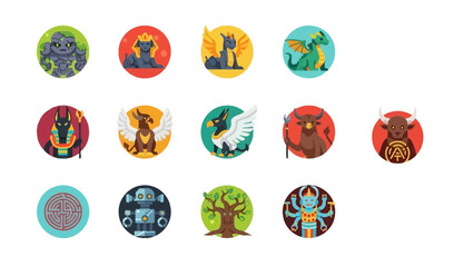 Colorful Collection of Cartoon Mythical Creatures and Symbols Illustration