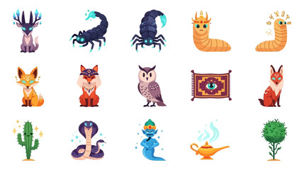 Colorful Cartoon Mythical Creatures and Animals Collection Illustration