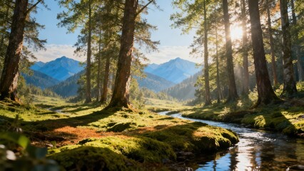 Golden sunlight illuminates a winding forest creek flowing through tall pine trees toward distant blue mountain peaks.