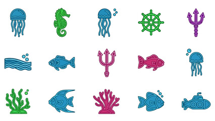 Colorful Underwater Ocean Scene with Various Fish, Jellyfish and Sea Plants for Marine Environment