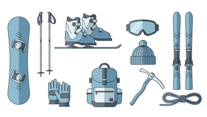 Comprehensive collection of winter sports equipment including skis snowboard and accessories