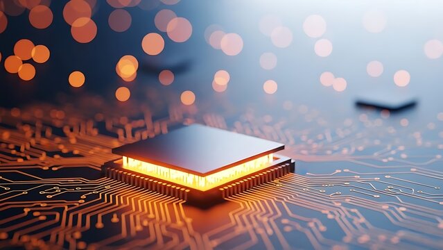 Glowing AI Chip with Circuit Board and Light Trails - Powered by Adobe