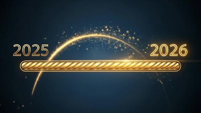 Golden loading bar animation bridging 2025 to 2026 with glittering progress symbolizing the new year 2026. 4k video