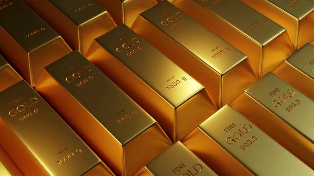 Rows of gleaming gold bars stacked tightly, warm light reflecting off polished, embossed surfaces!!!