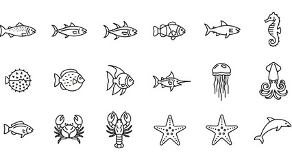 Line Art Illustration of Various Marine Creatures and Ocean Life including Fish Coral and a Seahorse