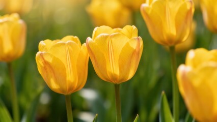 Bright yellow tulip flowers captured in a close up view, illuminated by warm sunlight filtering through the petals in a garden.