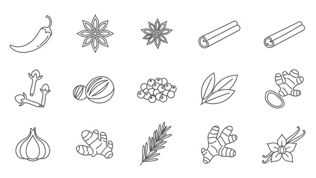 Minimalistic Line Art Illustration of Various Spices and Herbs for Culinary and Wellness Use