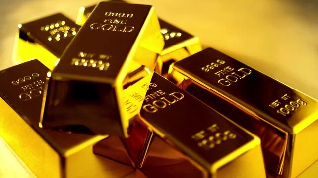 Shiny gold bars stacked under warm light, reflecting richly, smooth edges, compact bullion. gleam!!!