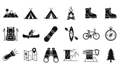Obraz premium Set of outdoor adventure icons including tents, hiking gear, and navigation tools for camping and