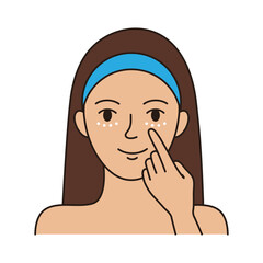 A girl woman is using an eye cream. Vector illustration of a woman applying moisturizer. Editable stroke