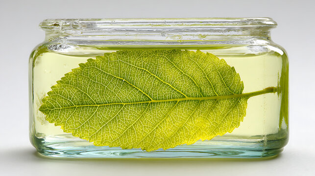 Green leaf preserved in a clear liquid inside a glass jar depicting scientific research or natural essential oil extraction