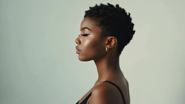 A woman with short hair and gold earrings. She is wearing a black tank top. She has a gold hoop earring