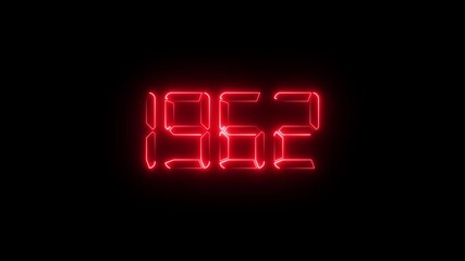 Neon red digital LED numbers display showing 1962 on black background, glowing electronic number animation, retro futuristic time and year concept, scoreboard and countdown style - Powered by Adobe