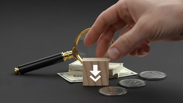 Magnifying Glass Over Stacked Cash and Coins on Dark Gray Background Symbolizing Financial Inspection and Analysis Business and Finance Concept