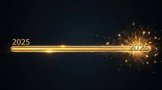 Golden loading bar animation bridging 2025 to 2026 with glittering progress symbolizing the new year 2026. 4k video