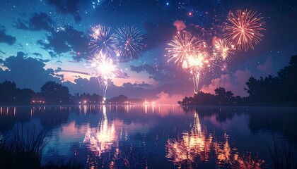 Fireworks burst over tranquil lake waters at night, mirroring in its surface beneath a twilight sky